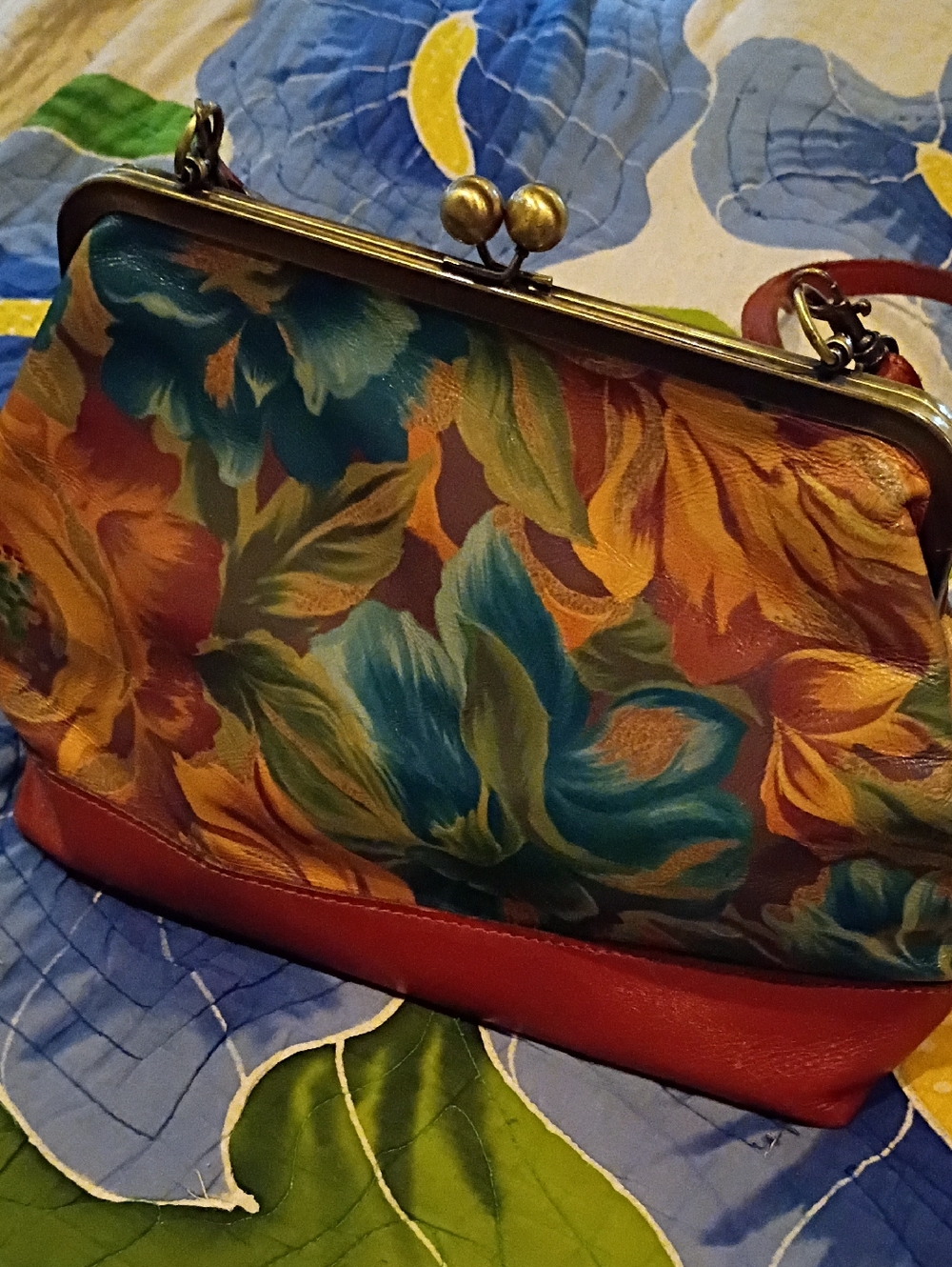 Patricia Nash Leather Bag FLoral Elsworth Satchel Blue Yellow Purse - Picture 2 of 6